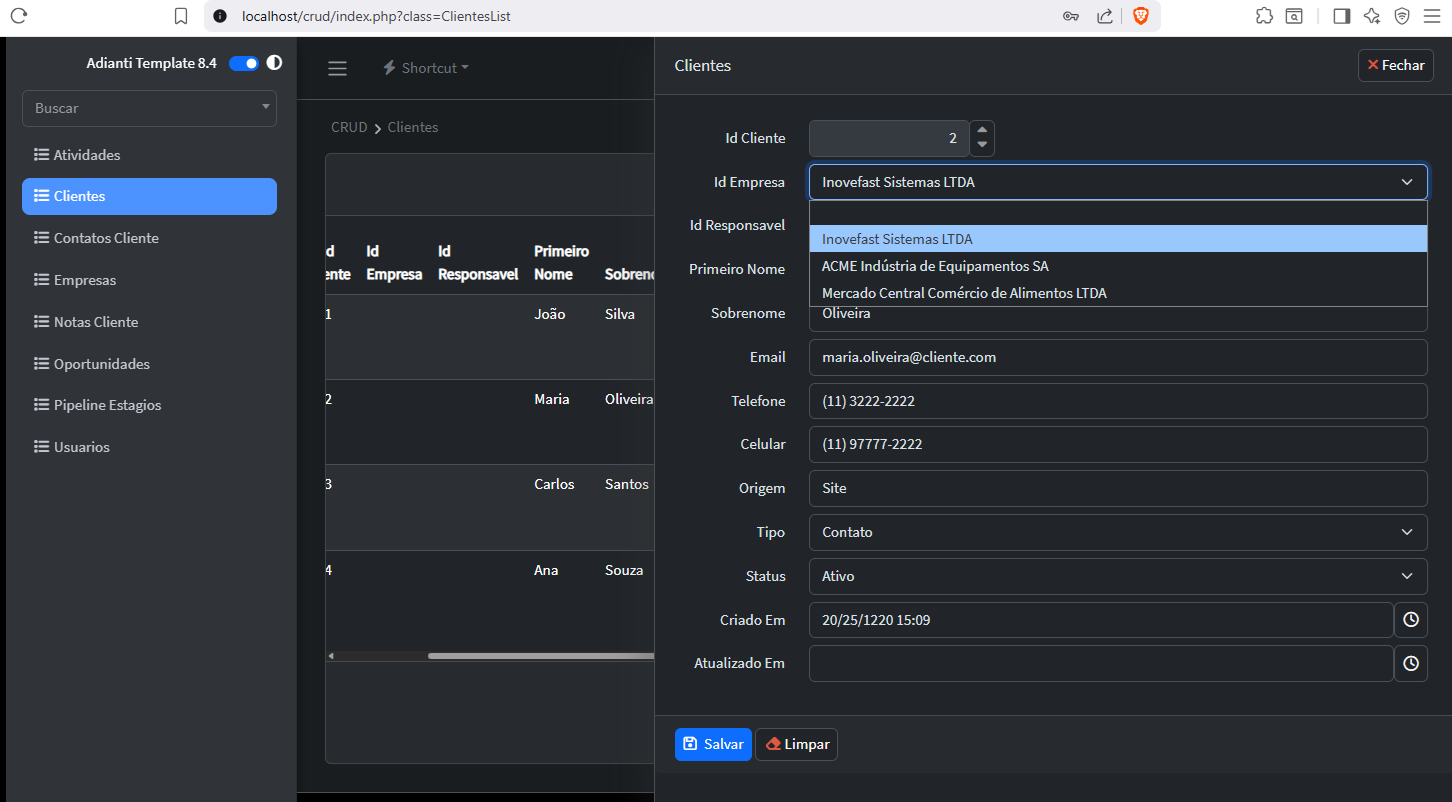 Resultado do CRUD Generator - Aplicação PHP gerada automaticamente