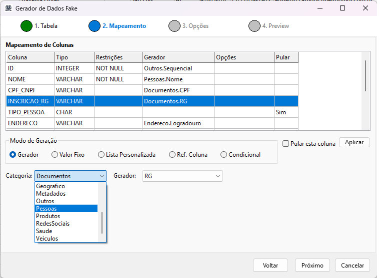 Massa de Testes Sintética (LGPD) - Screenshot da funcionalidade